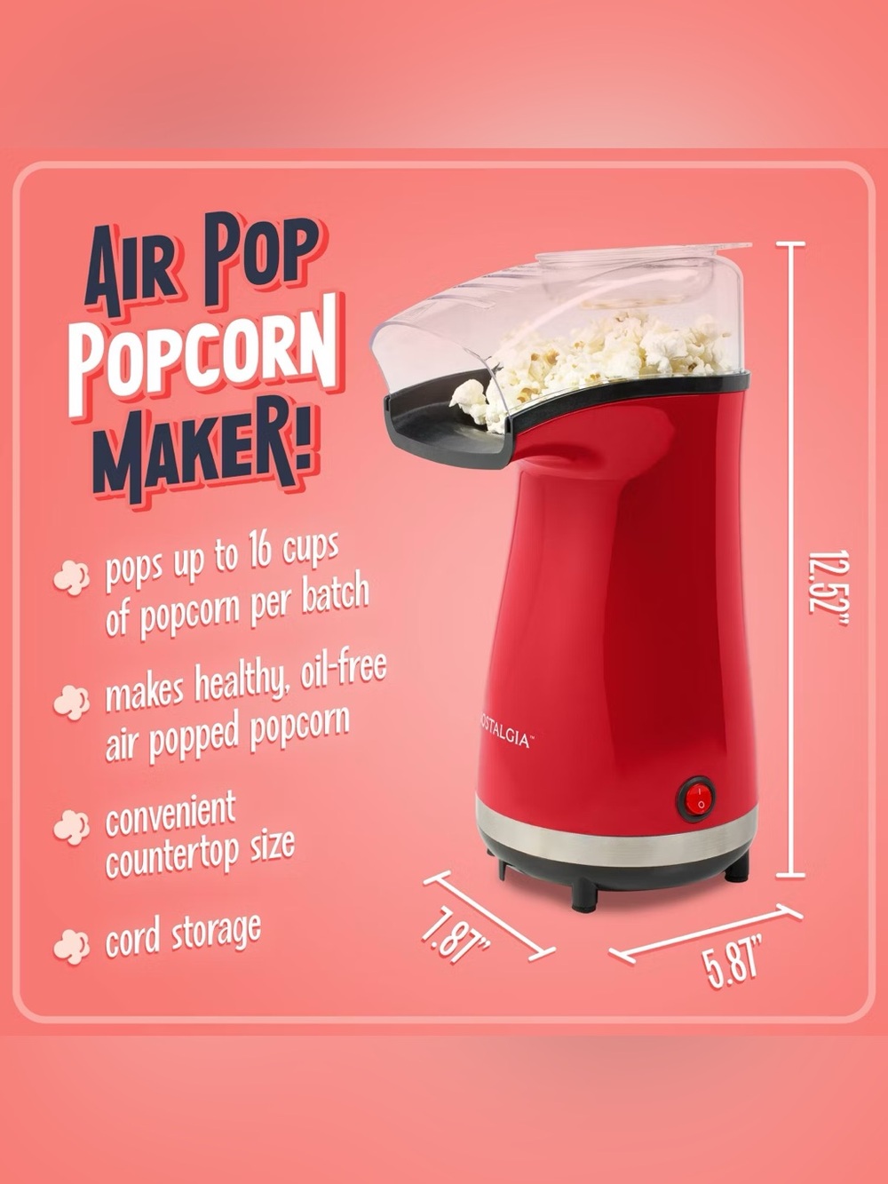 💕LIKE NEW💕 Nostalgia Red Air Pop Popcorn Maker with Clear Top